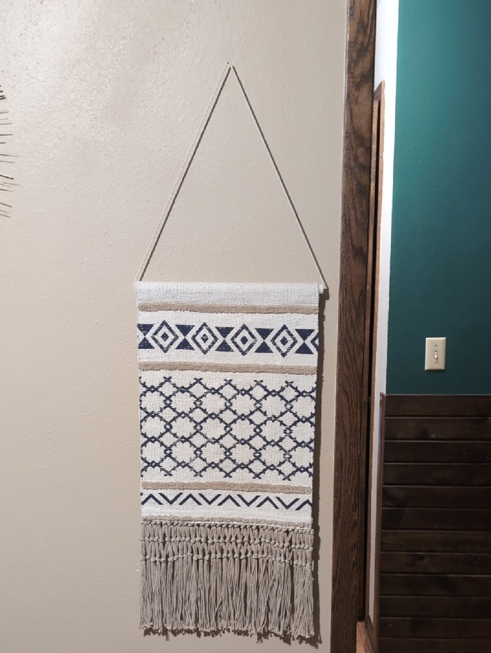 Neutral and Navy Aztec Macramé Wall Hanging - Picture 2 of 4